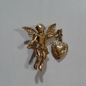Angel Holding Heart Brooch Gold Tone